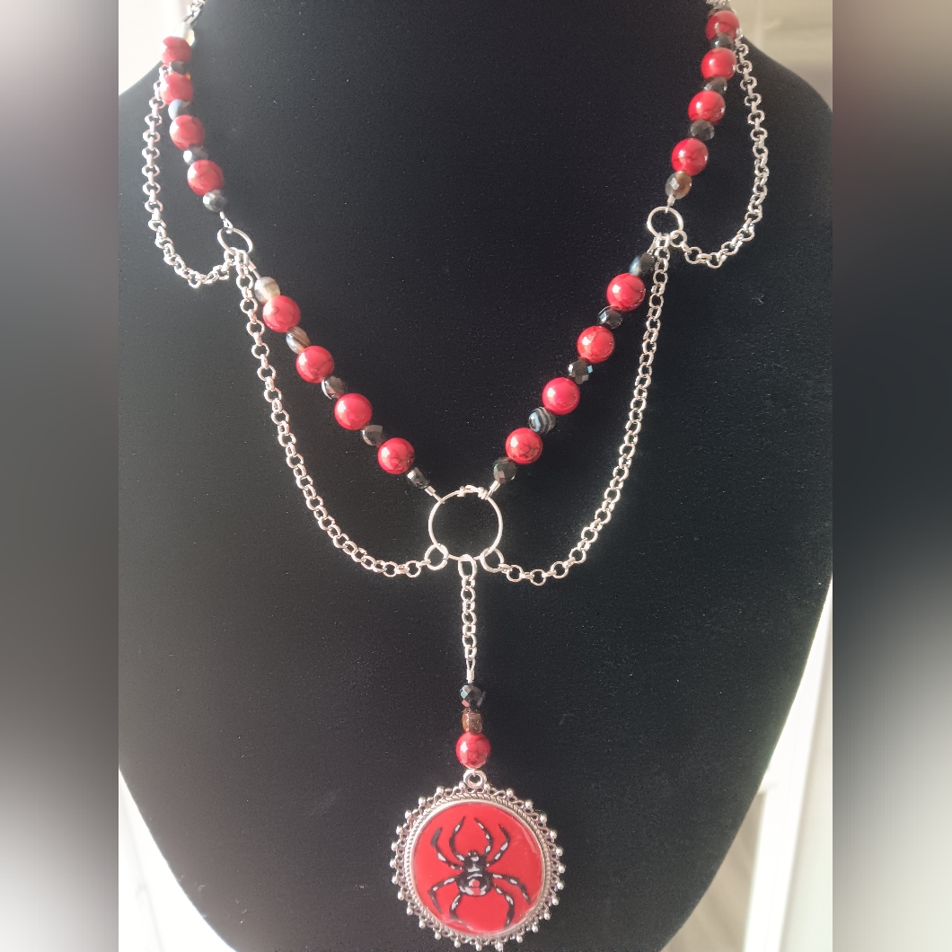 Red And Silver Spider Pendant Necklace